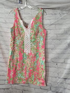 Lilly Pulitzer Sleeveless Pink Floral Shift Dress with White Lace Trim